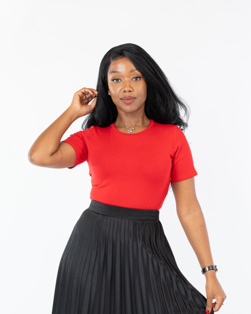 Cap Sleeve Round Neck Bodysuit in RED